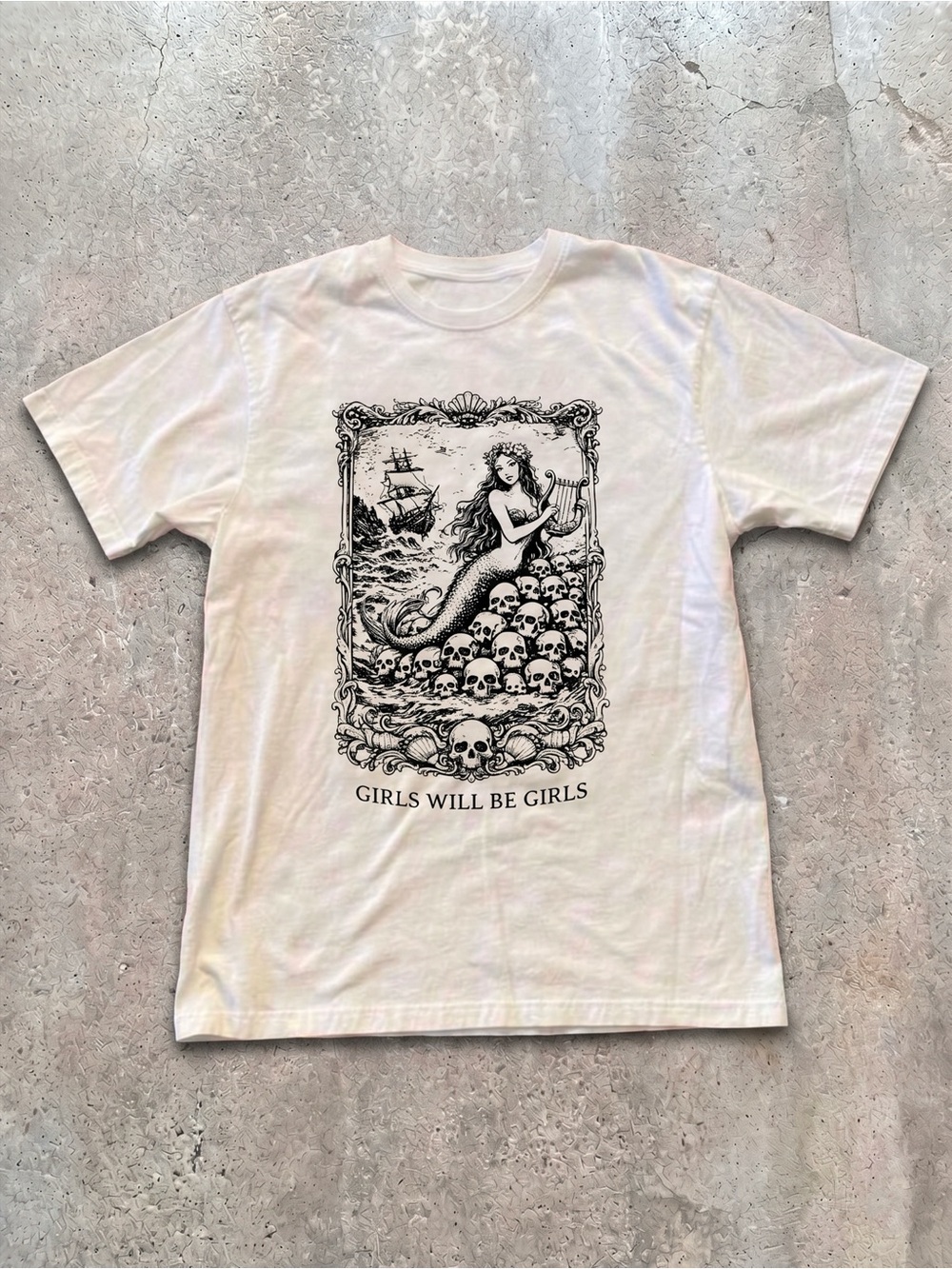 Girls Will Be Girls Siren Mermaid Skull Dark Humor Gothic White Graphic T-Shirt
